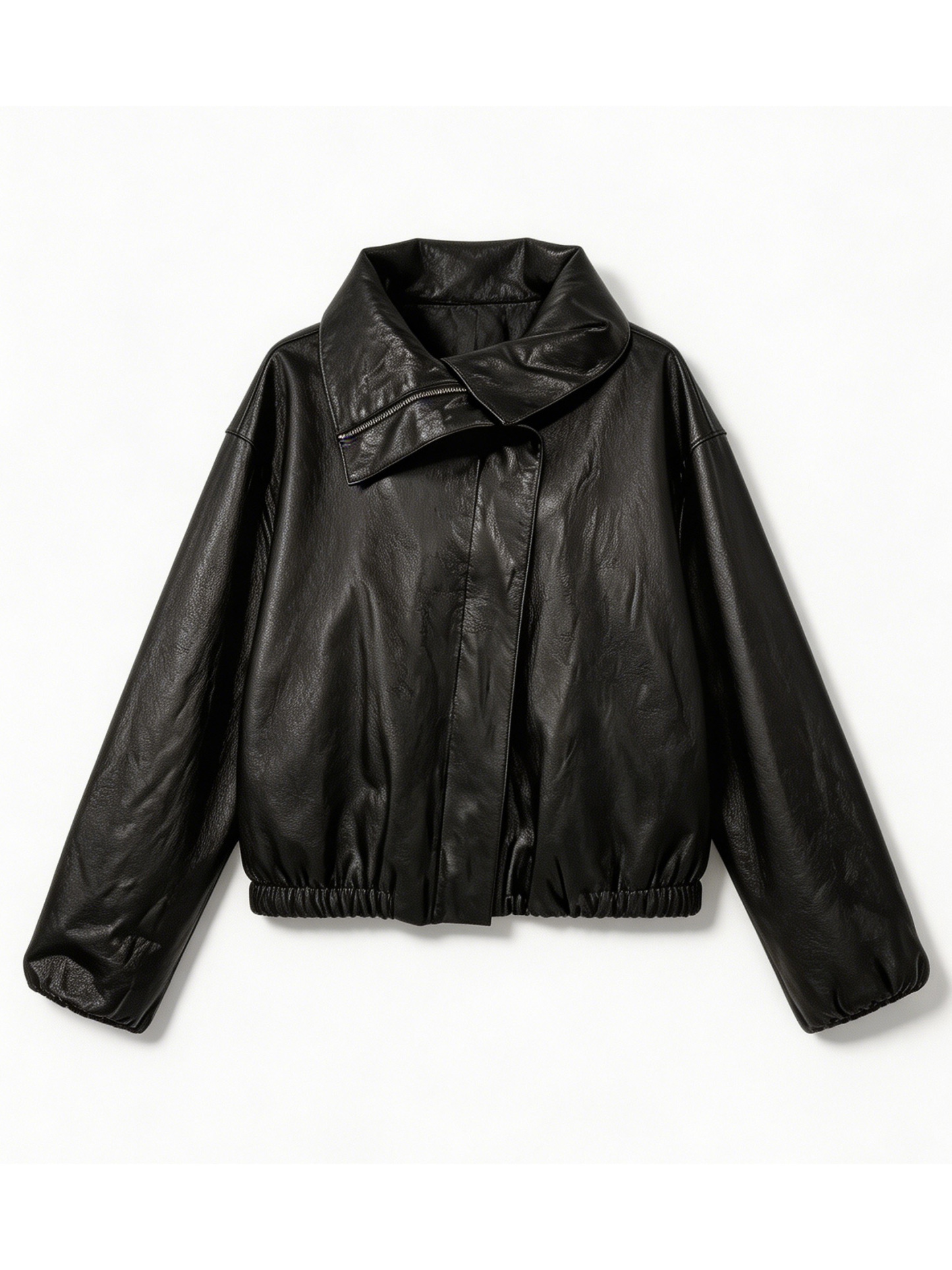 Black Faux Leather Oversized Cropped Jacket - High Neck Biker Jacket 57671