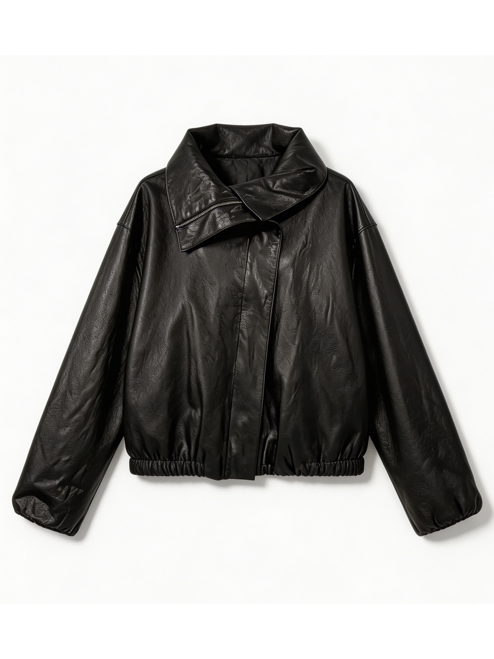 Black Faux Leather Oversized Cropped Jacket - High Neck Biker Jacket 57671