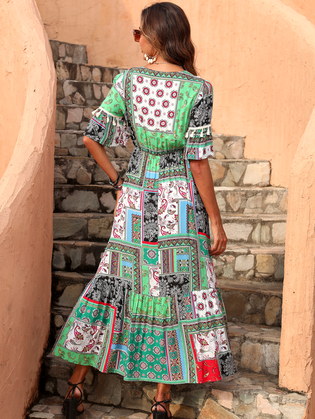 Women’s Boho Patchwork V-Neck Flowy Midi Dress D-35749