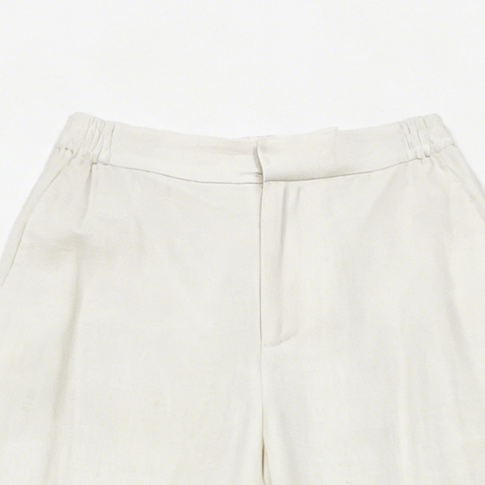 White Linen-Blend Wide Leg Pants with Beaded Lace Trim - Elegant Trousers W-40484