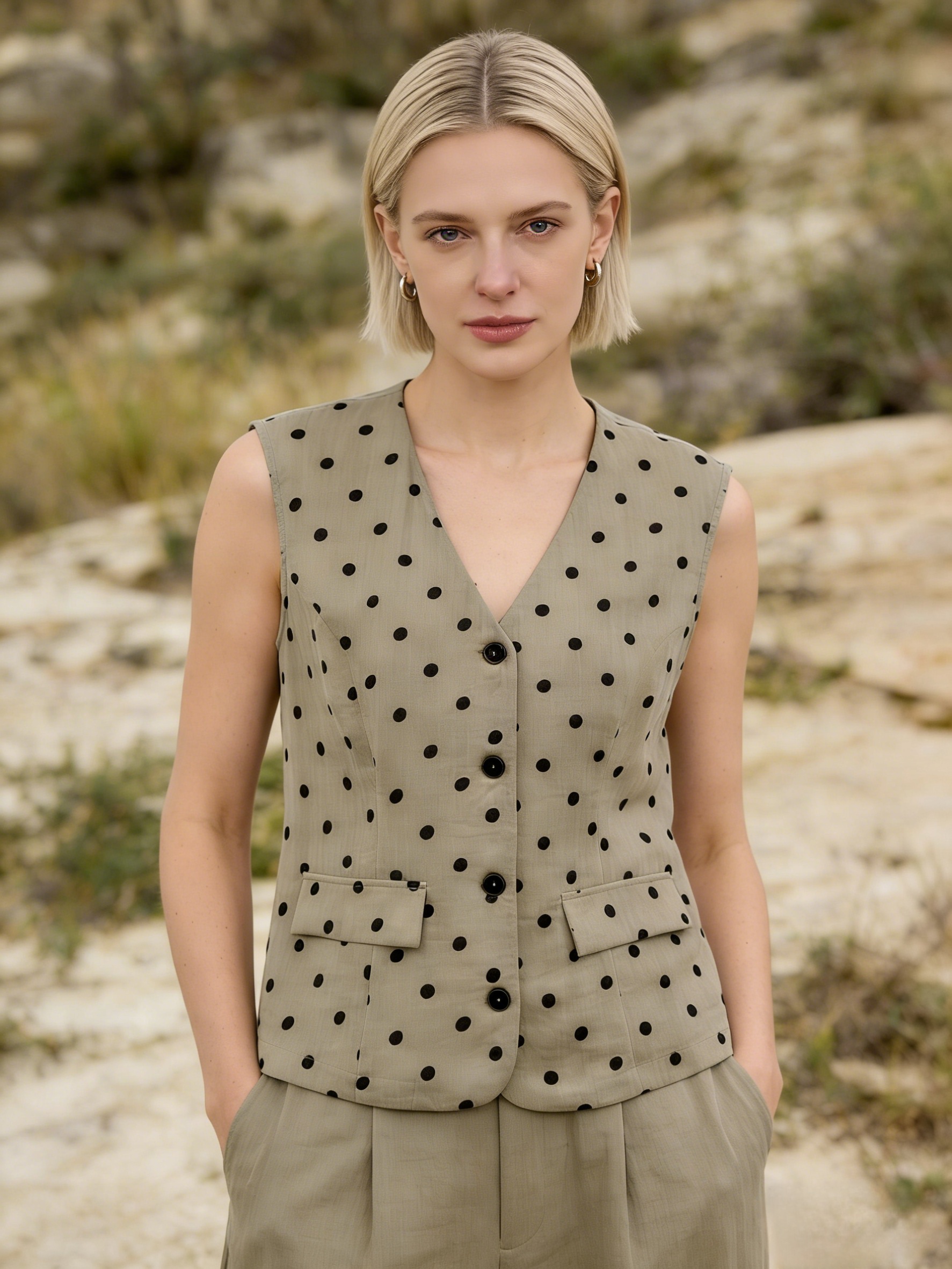 Chic Beige Polka Dot Vest - Fitted V-Neck Sleeveless Layering Top  A-42074