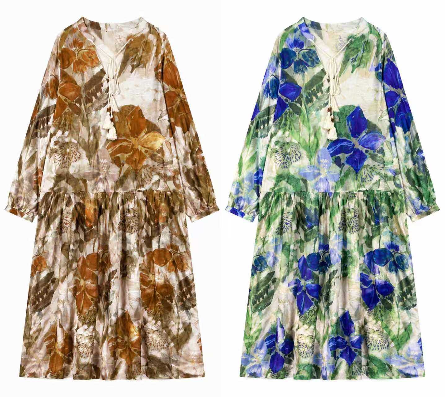 Boho Floral Maxi Dress – V-Neck Tassel Tie Loose Fit Long Sleeve Resort Dress AN-121008