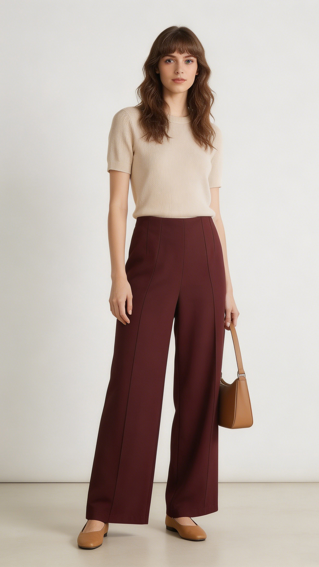 Elegant Wine Red Tailored Wide Leg Trousers C-42183