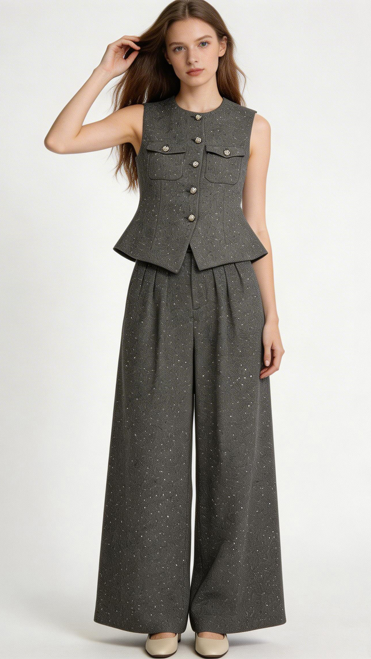 Luxury Grey Boucle Two Piece Set - Embellished Button Vest & High Waist Trousers W-41365+W-41364
