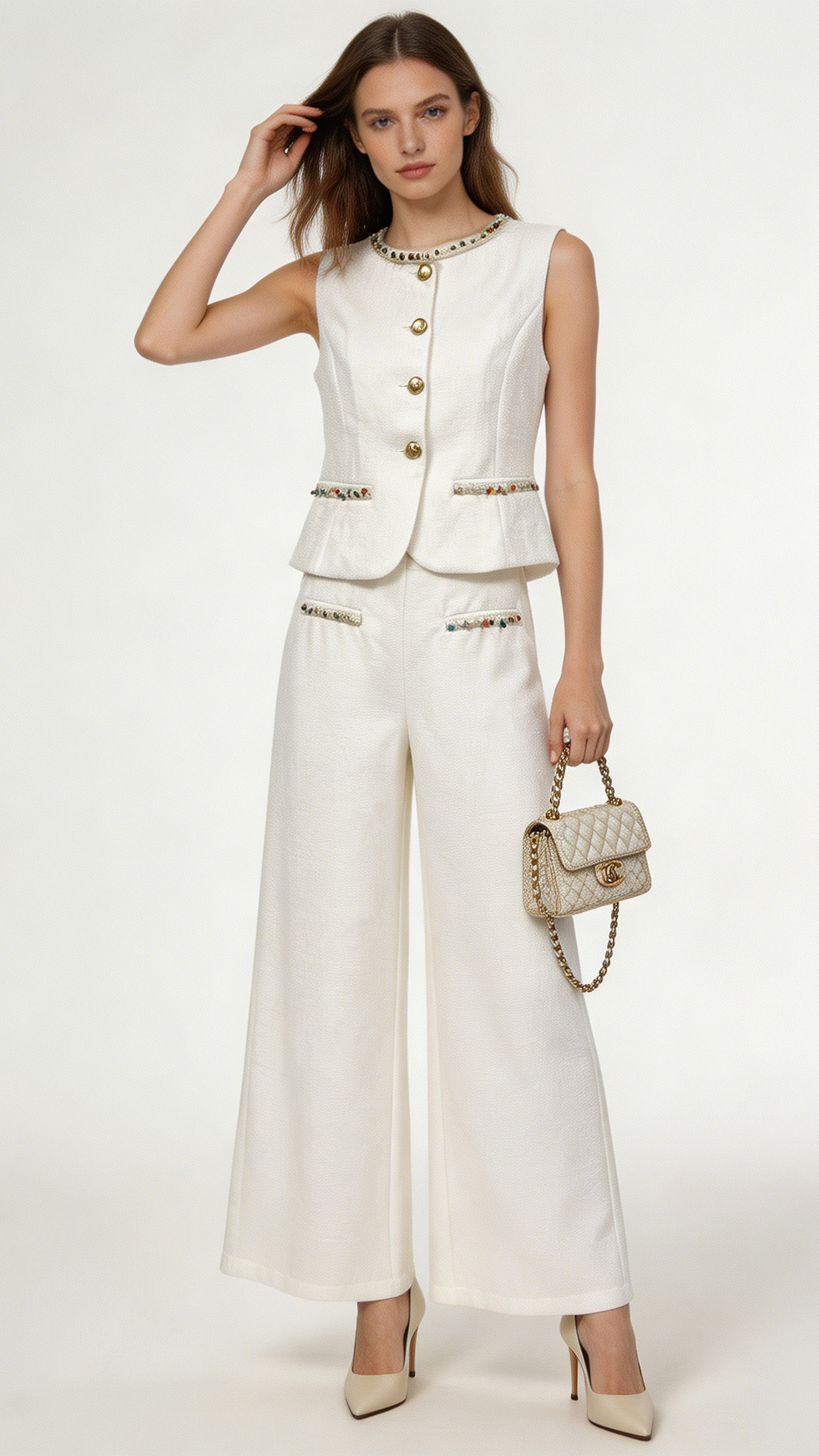 White Tweed Pearl Beaded Vest Wide Leg Pants Set - Luxury Office Outfit YB-029