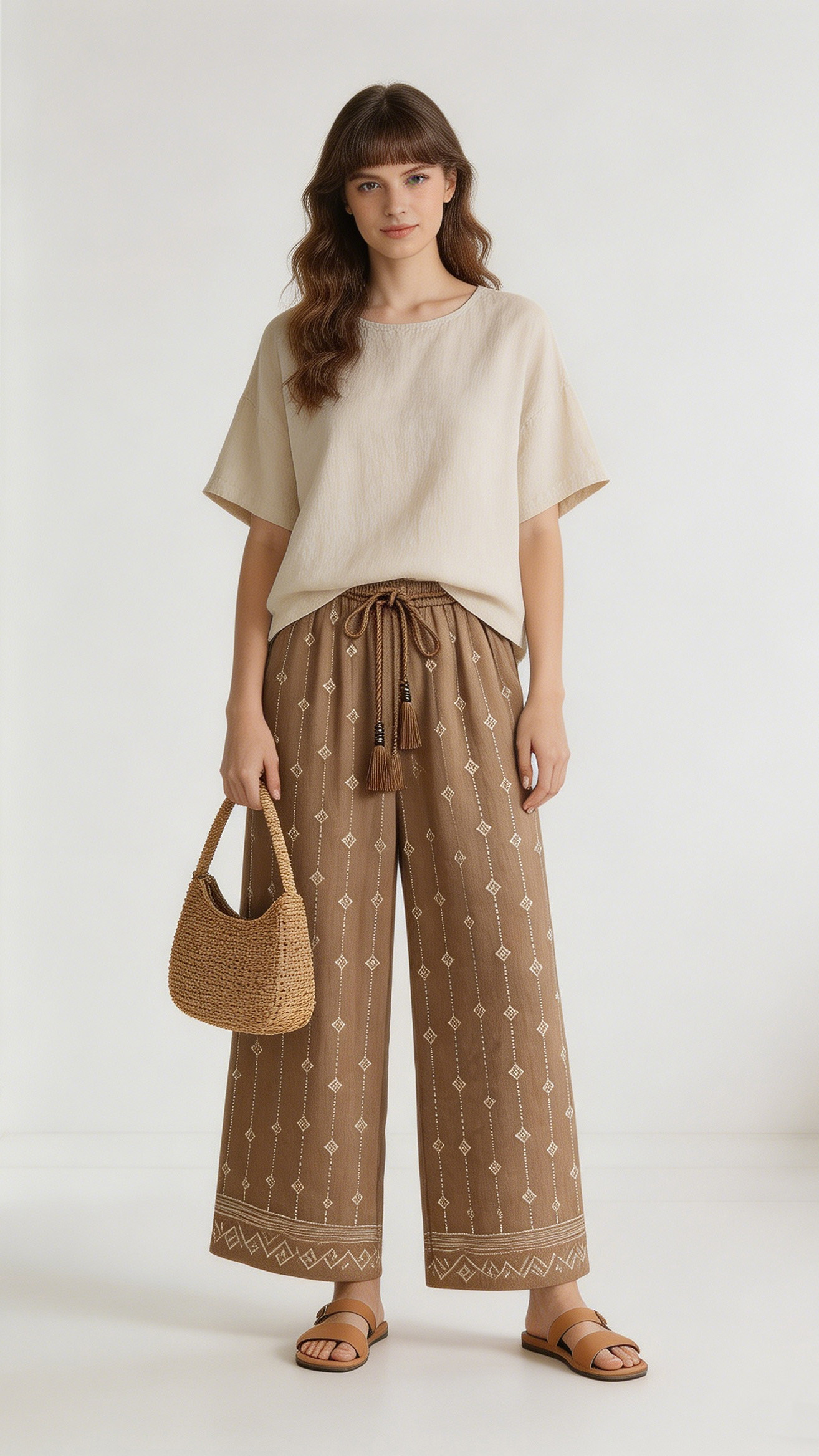 Bohemian Embroidered Pants – Elastic Waist Tassel Resort Bottoms D-41240