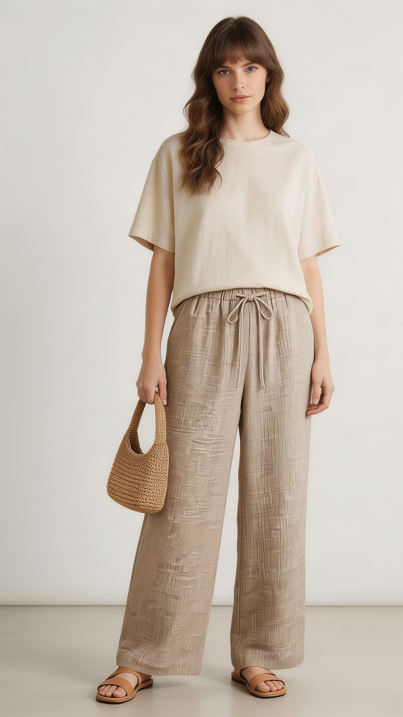 Women's Khaki Textured Drawstring Wide Leg Pants - Relaxed Fit Trousers  S-2543