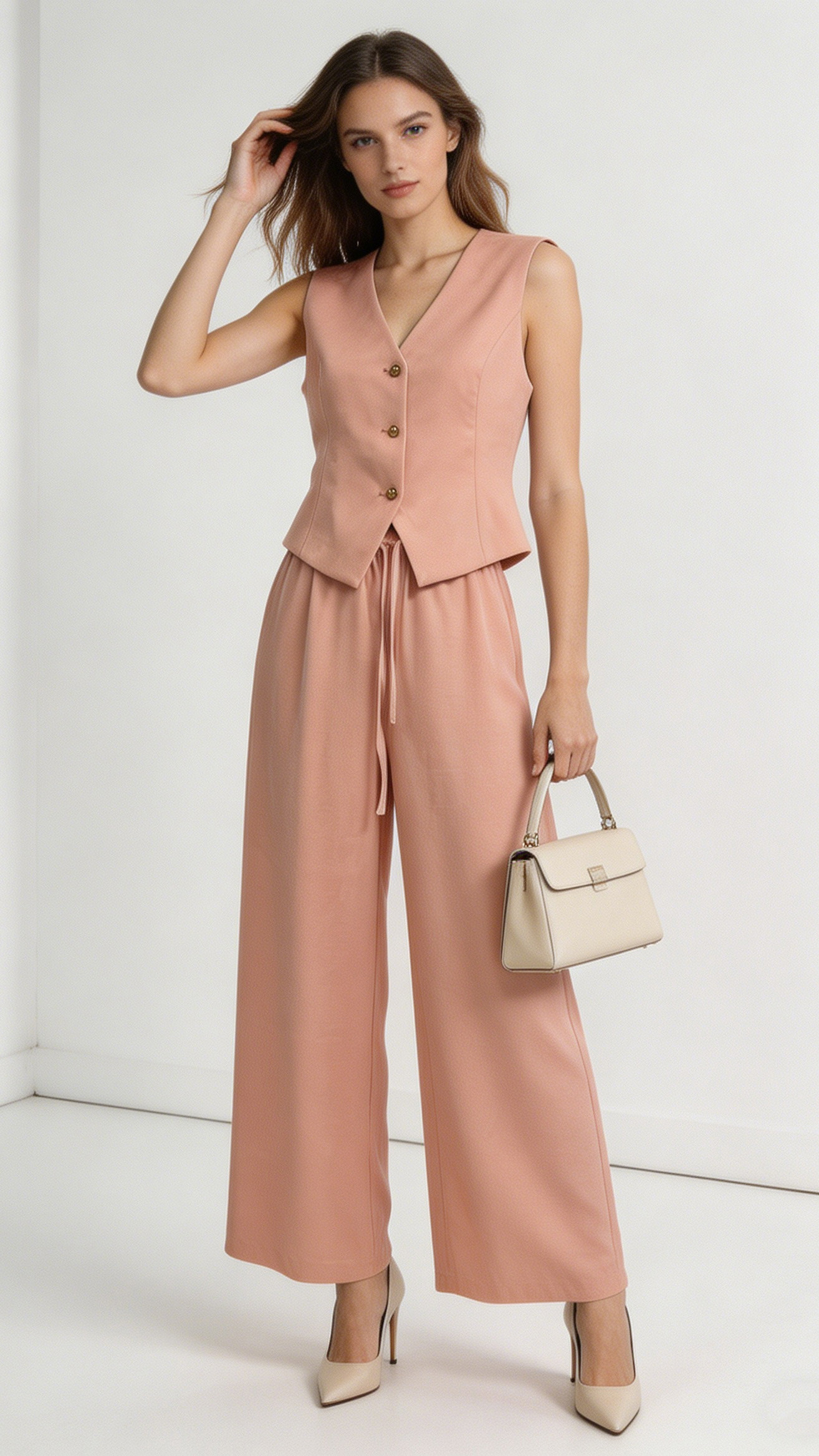 Blush Pink Linen-Blend Sleeveless Vest Wide Leg Pants Set - Two Piece Outfit V-39959
