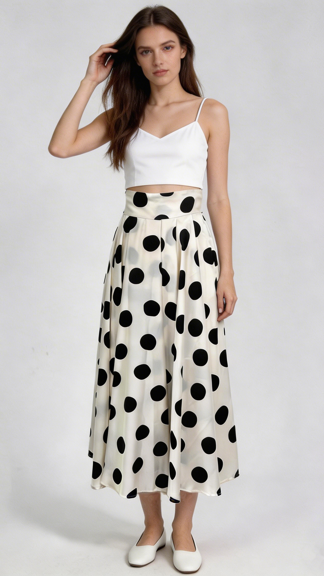 Black White Polka Dot High Waist Midi Skirt - Retro A-Line Skirt W-32842