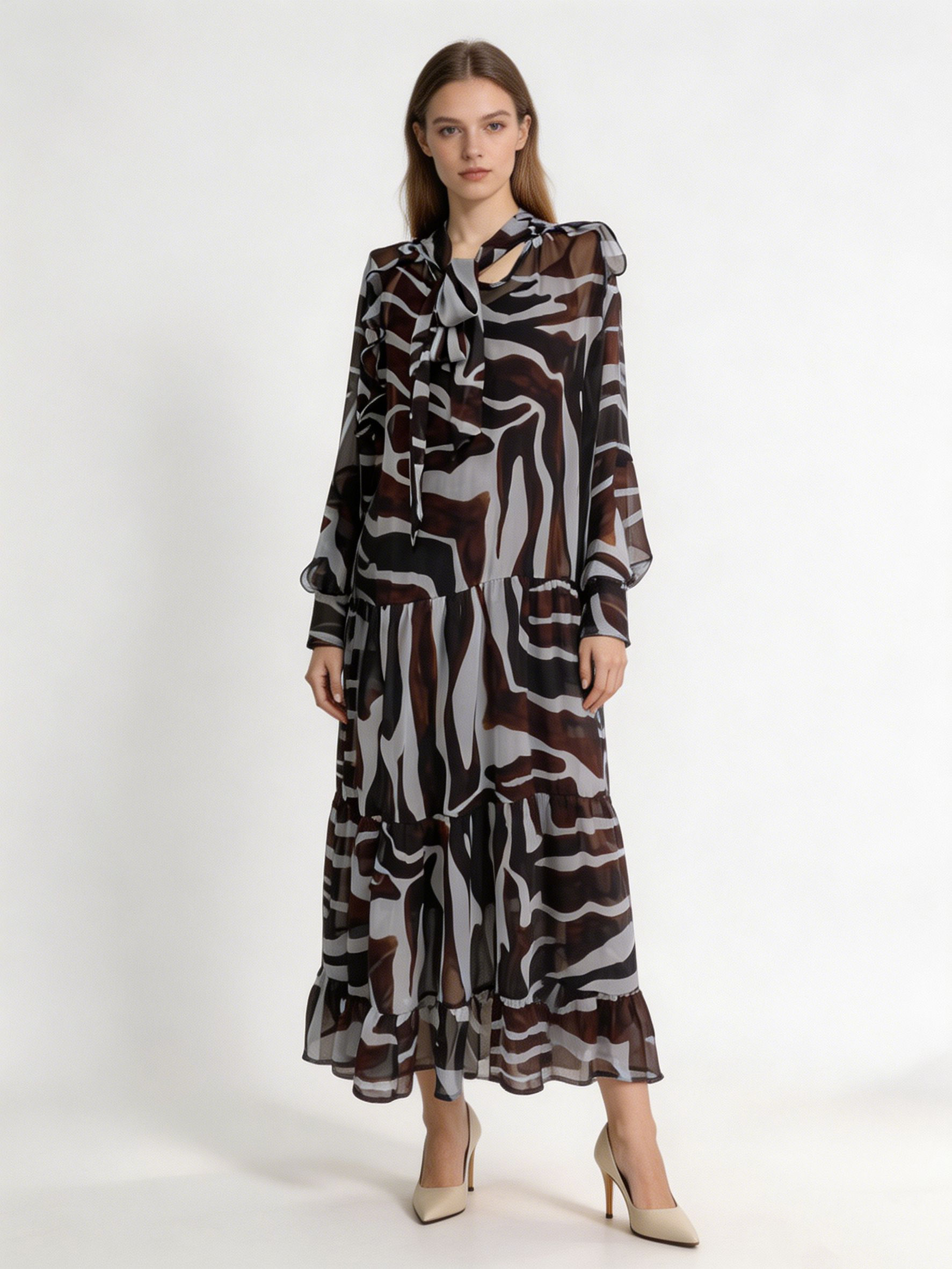 Women’s Animal Print Tie Neck Chiffon Long Sleeve Maxi Dress XW-251208