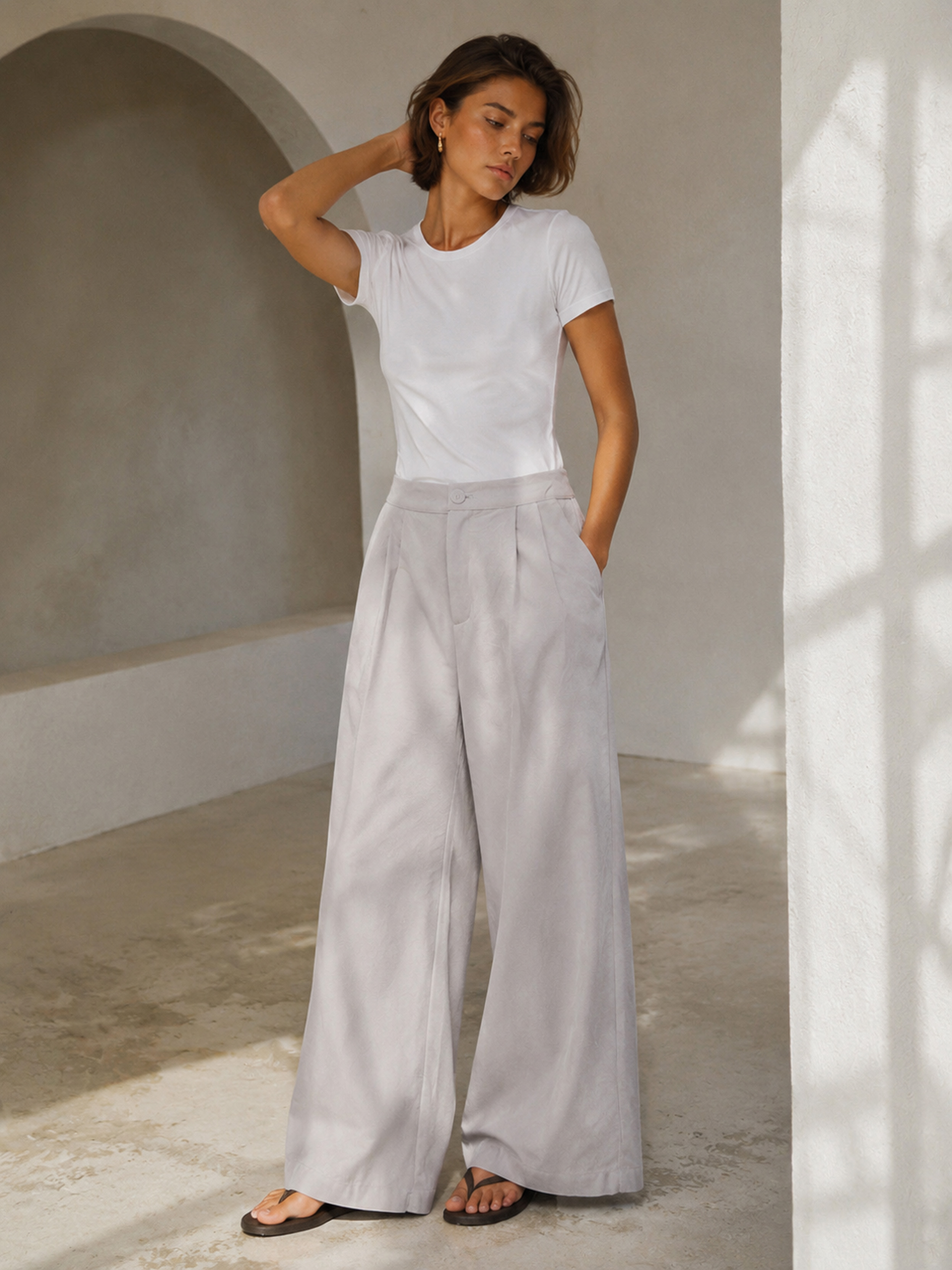 Elegant Grey Flowy Linen Wide‑Leg Pants W-43482