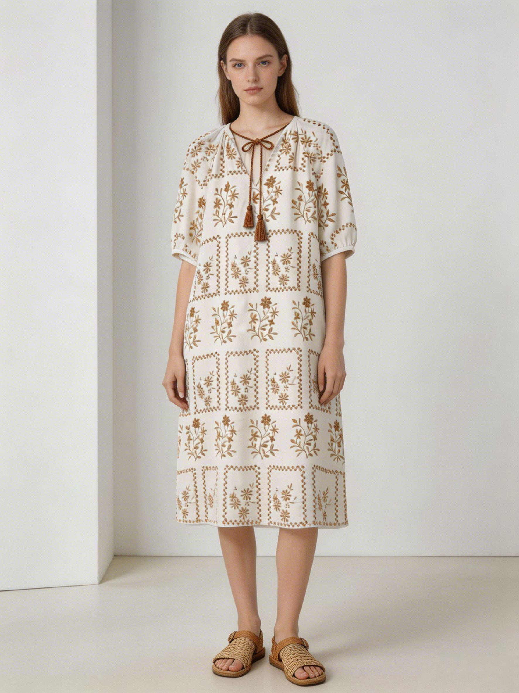 Boho Embroidered Tassel Tie Midi Dress – Women’s Resort Vacation Style C-42323
