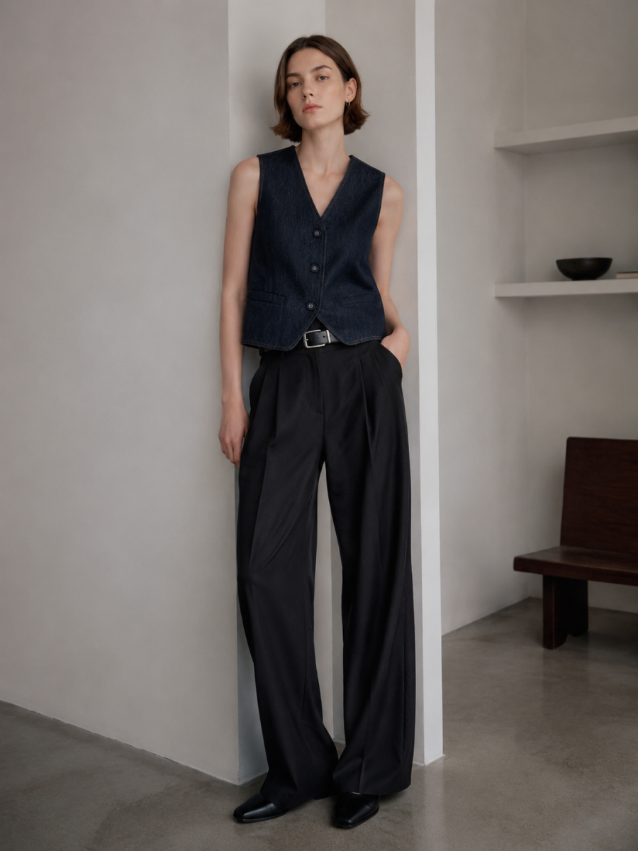 Retro Dark‑Blue Denim Layering Vest C-41024