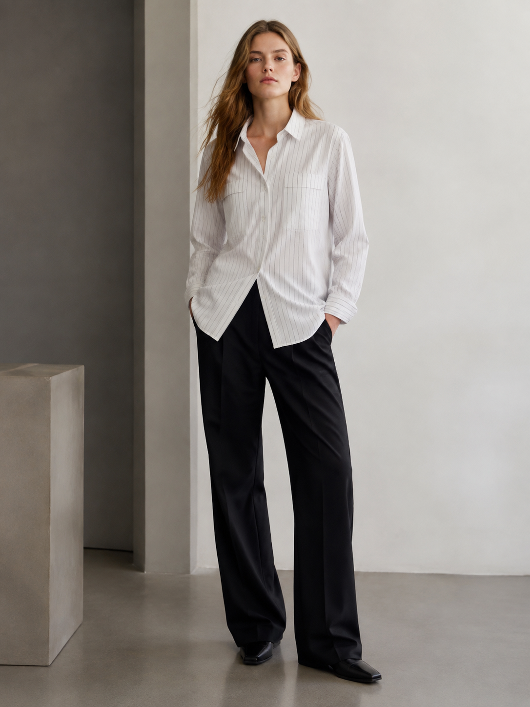 Women Vertical‑Striped Button‑Down Shirt C-41300