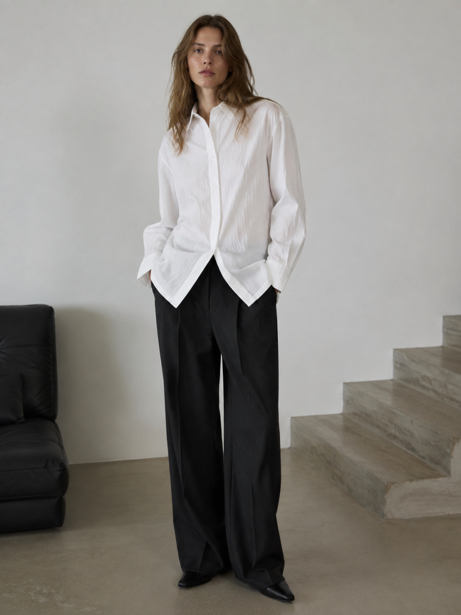 Women Crinkled‑Texture White Button‑Down Shirt C-42619