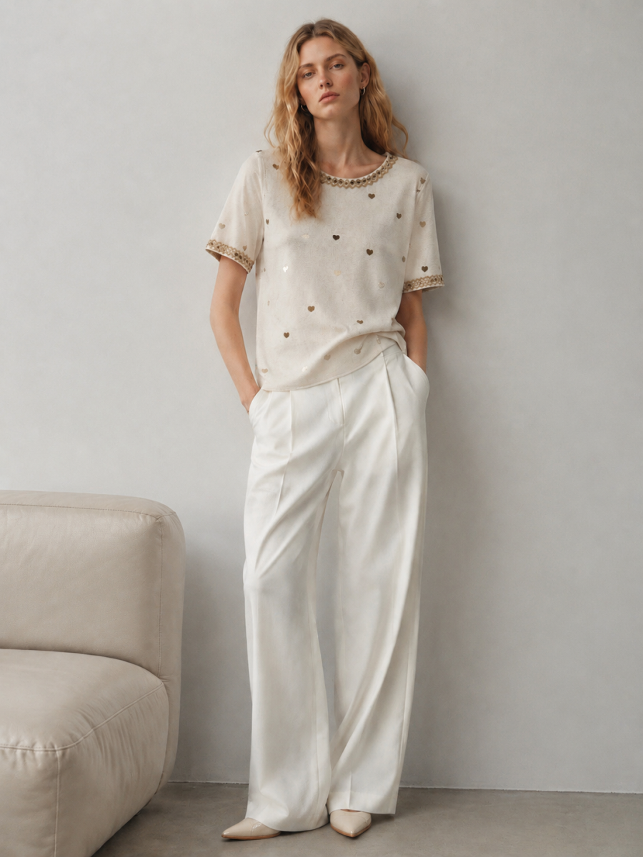 Heart‑Embroidered Top Beaded Lace Trim Loose‑Fit Casual Shirt C-42868