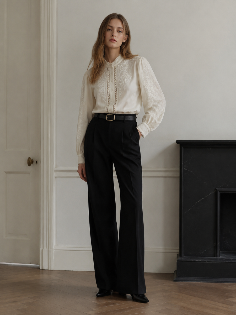 Women Stand‑Collar Pearl‑Trim Blouse C-43143
