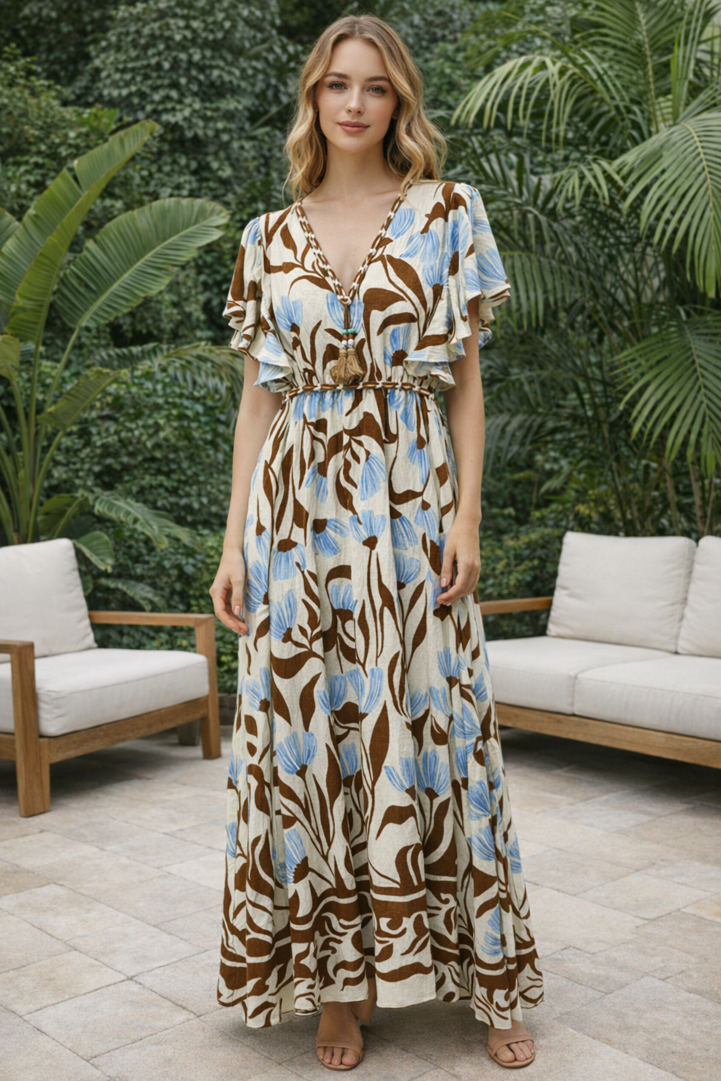 Women’s Summer Boho Floral Ruffle Sleeve V Neck Maxi Dress AN-760005