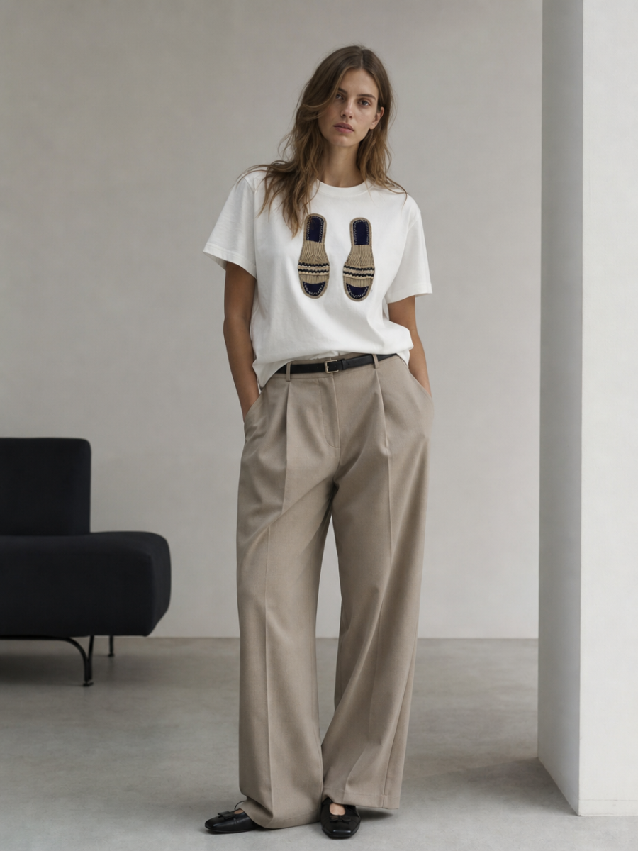 Chic 3D‑Patch‑Embroidered Slipper Print T‑Shirt M-34897
