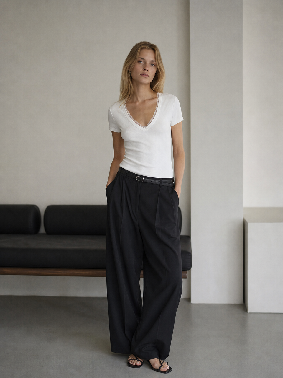 Chic Ribbed‑Knit V‑Neck Blouse M-42213