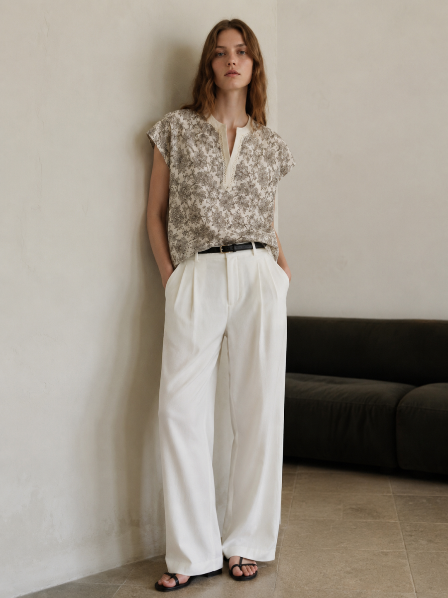 Boho‑Style Floral‑Print Cap‑Sleeve Top M-42459