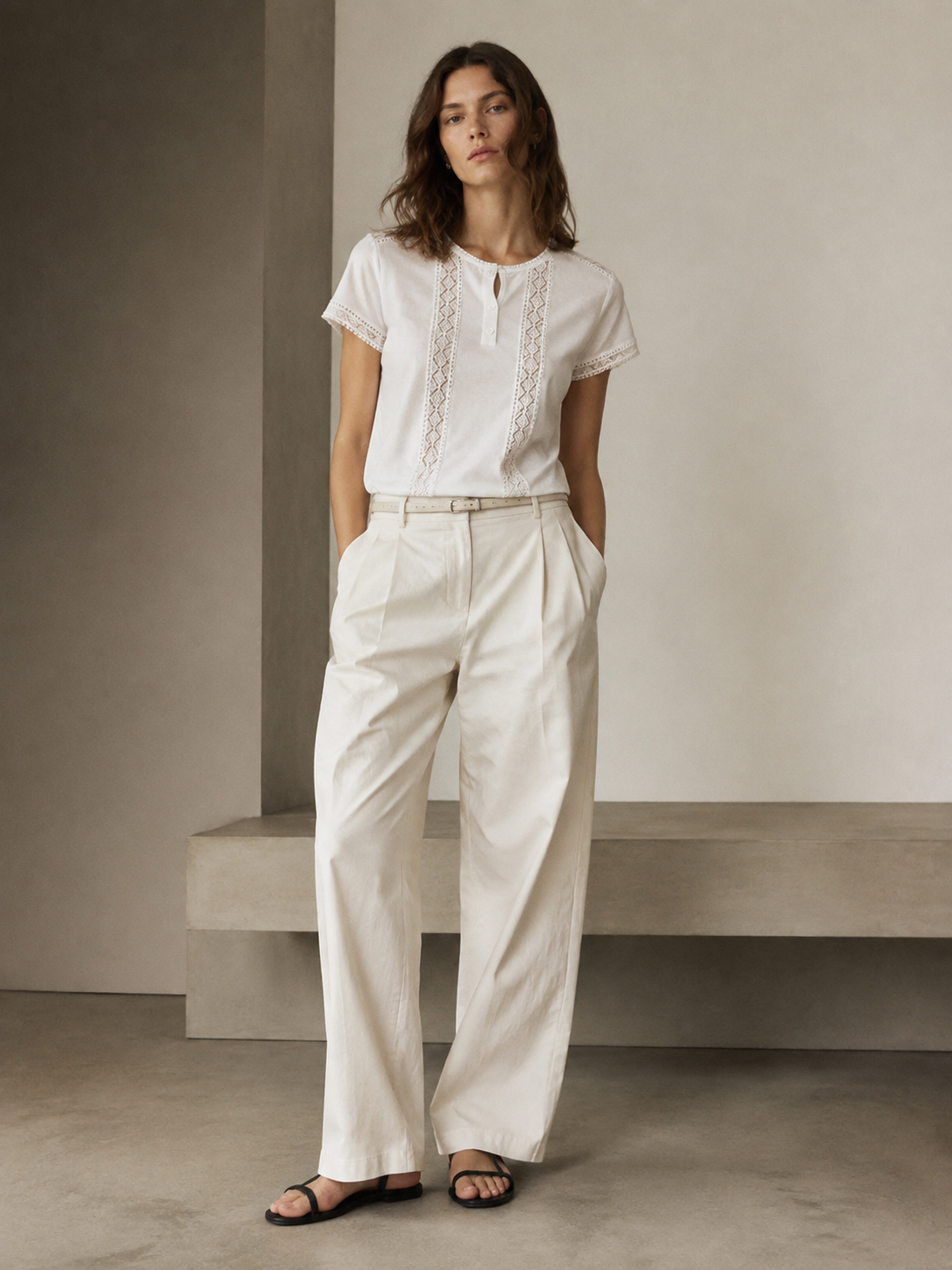 Women Cutwork‑Lace‑Panel Henley‑Neck T‑Shirt M-42816
