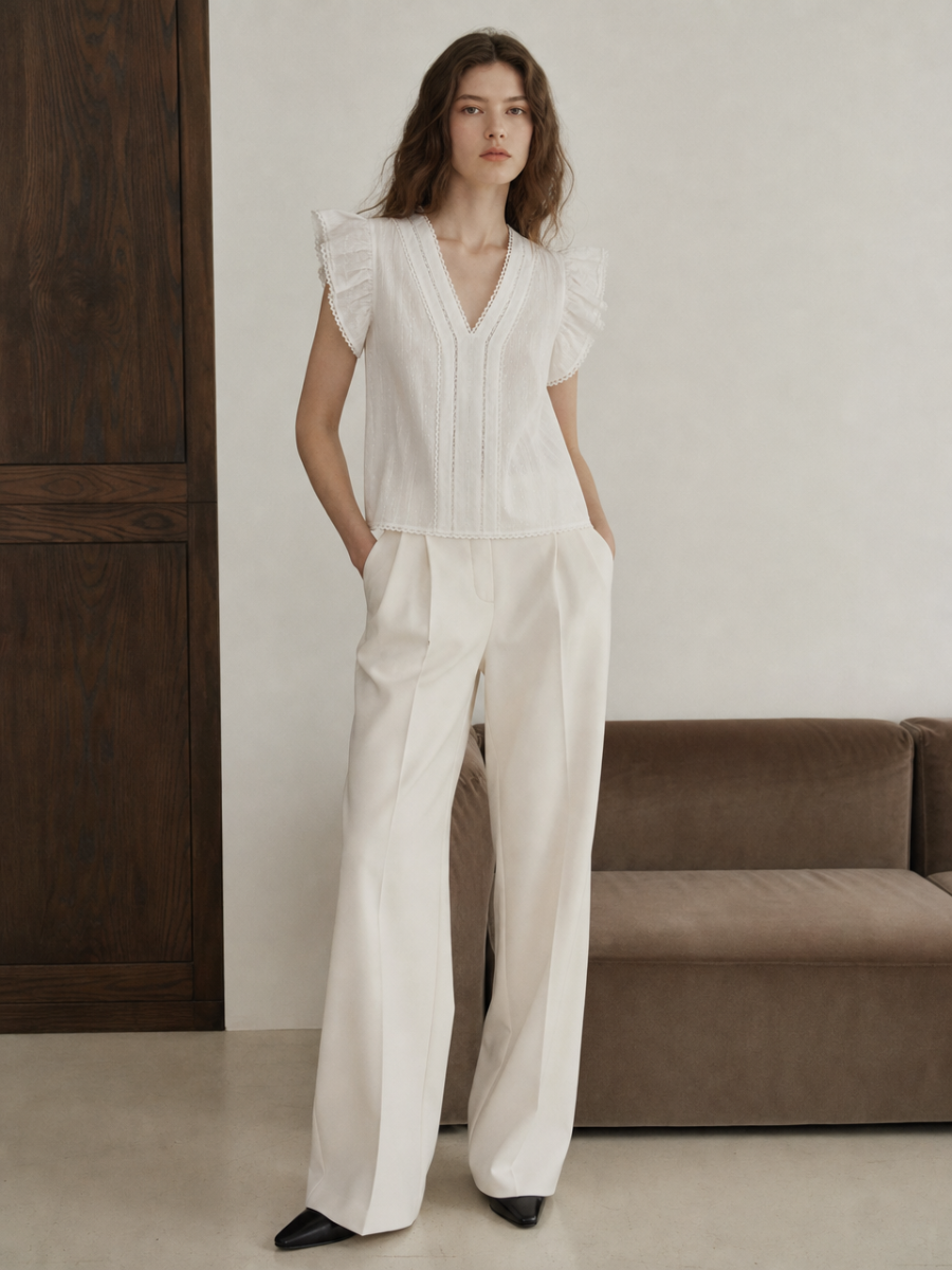 Boho White Eyelet‑Embroidered Flutter‑Sleeve Blouse M-43630