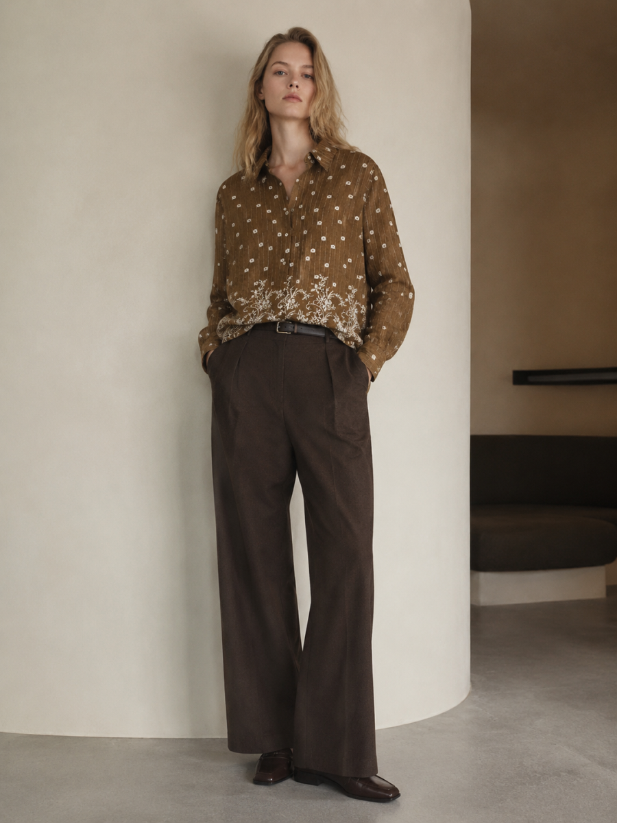 Elegant Striped‑Floral Button‑Front Blouse W-43108