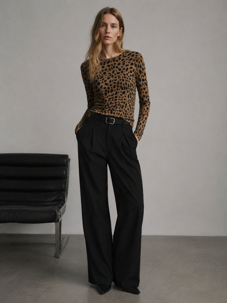 Women Leopard‑Print Crew‑Neck Long‑Sleeve Top W-43113