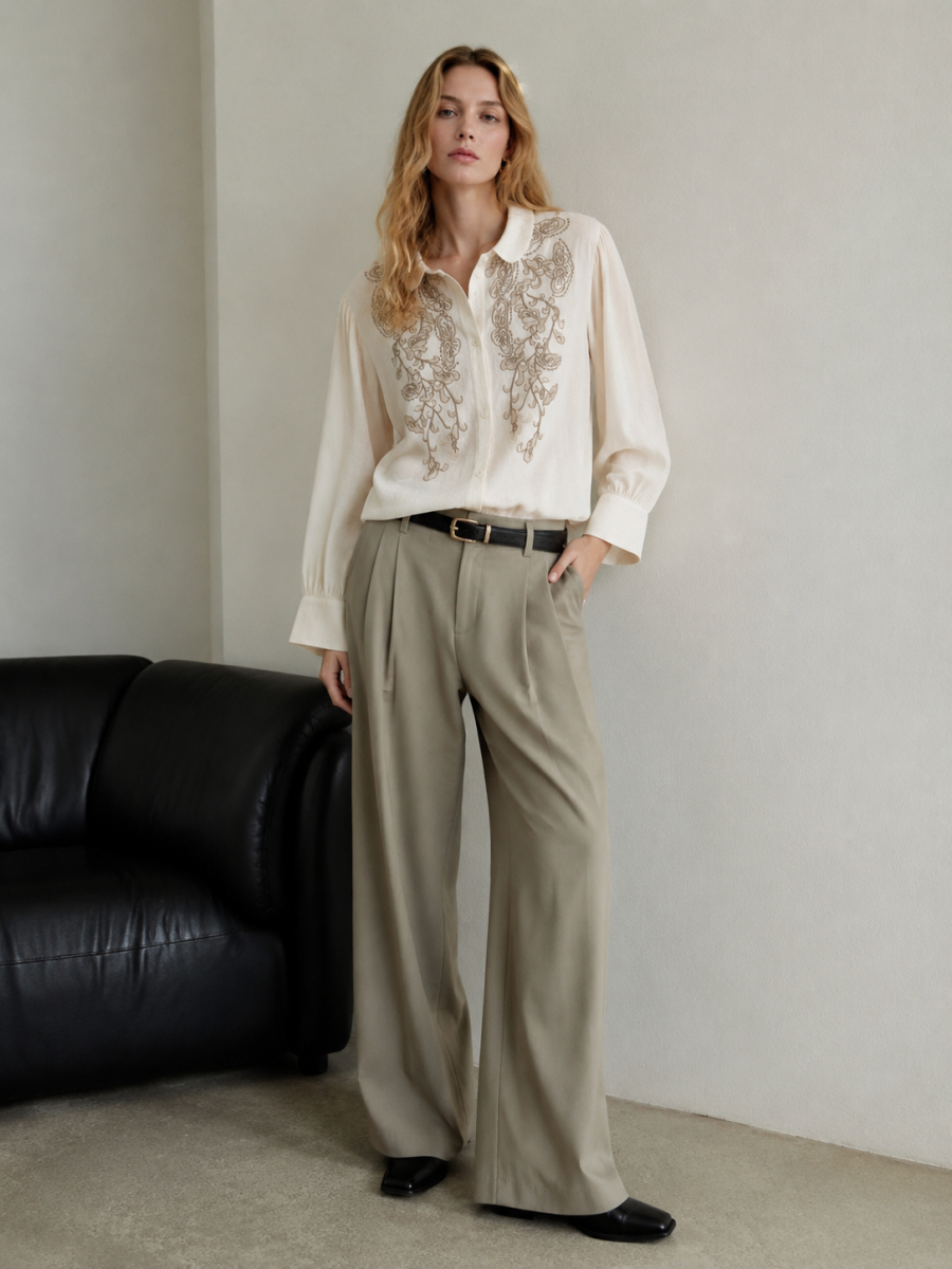 Women Cream Floral‑Embroidered Long‑Sleeve Shirt W-43114