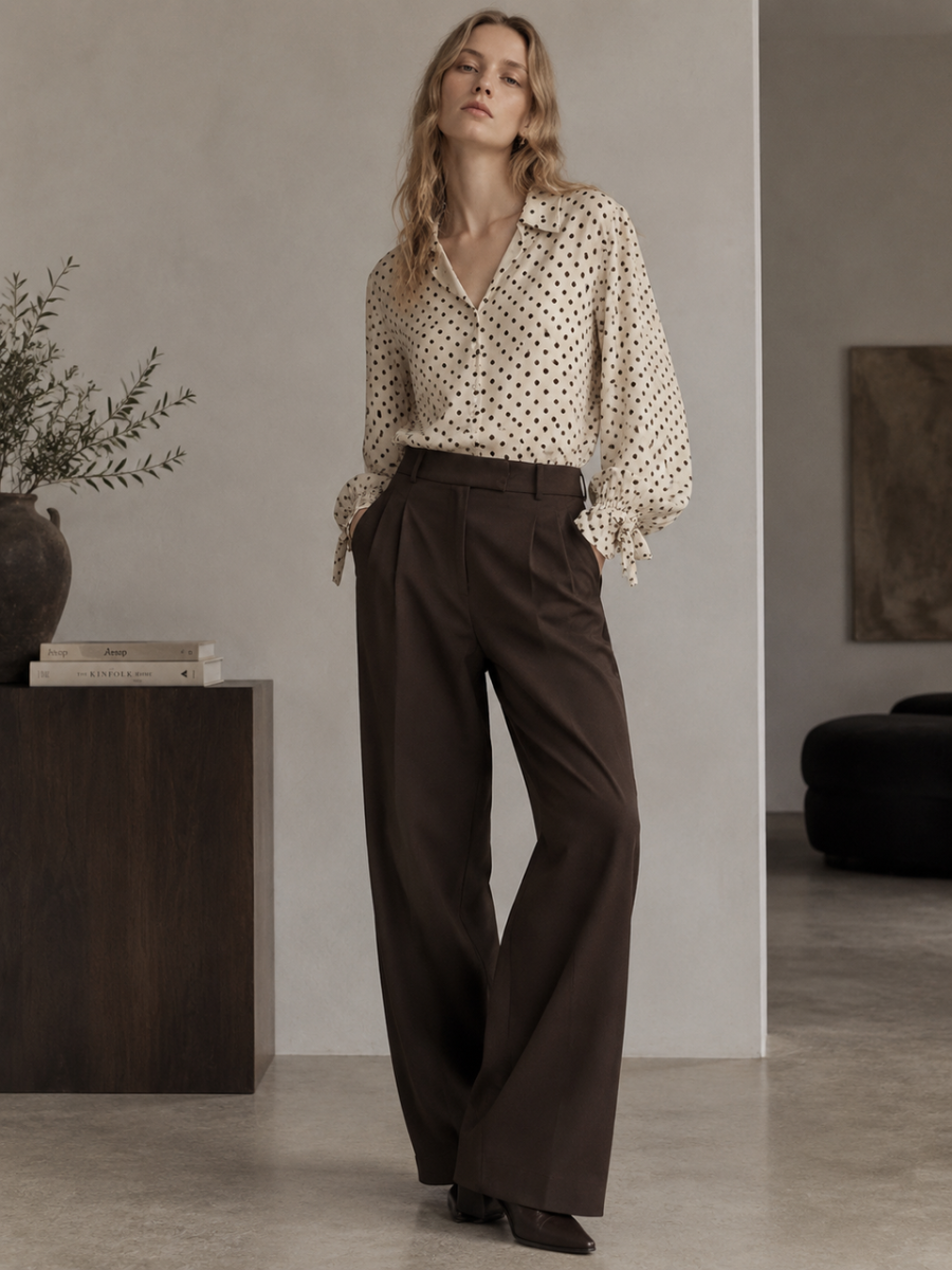 Women Cream Polka‑Dot Button‑Up Blouse W-43130