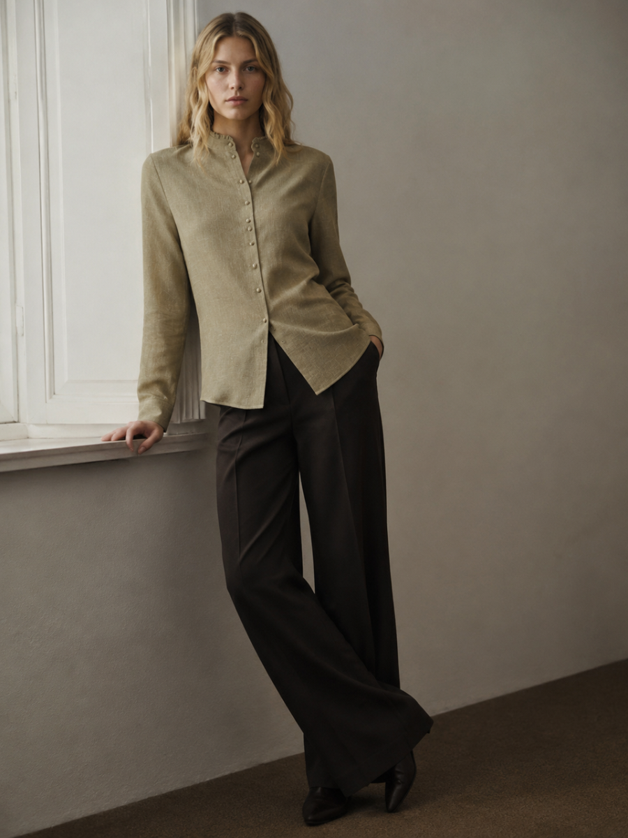 Elegant Oriental Lace‑Trim Stand‑Collar Shirt W-43165