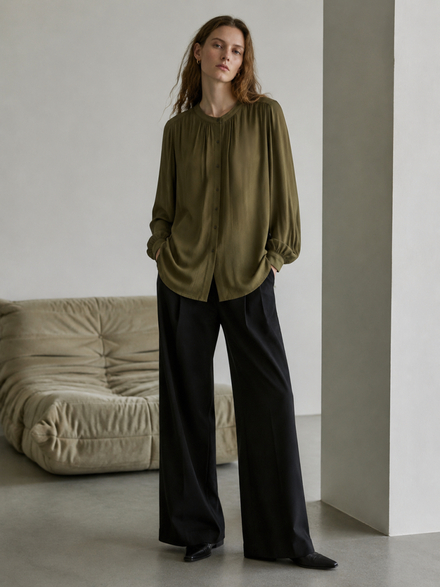 Chic Boho Gathered‑Neck Button‑Front Shirt W-43202