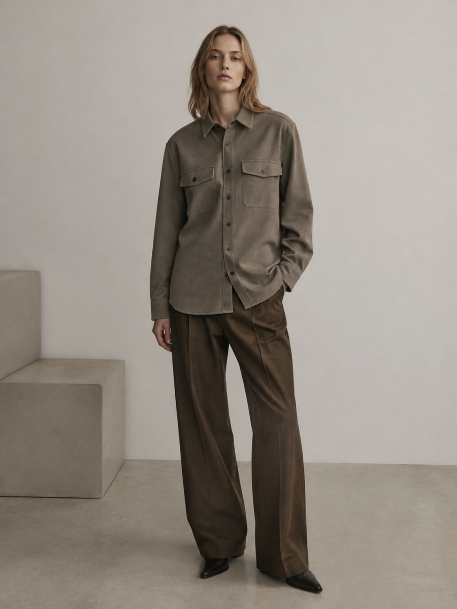 Elegant Washed‑Fabric Long‑Sleeve Shirt W-43316
