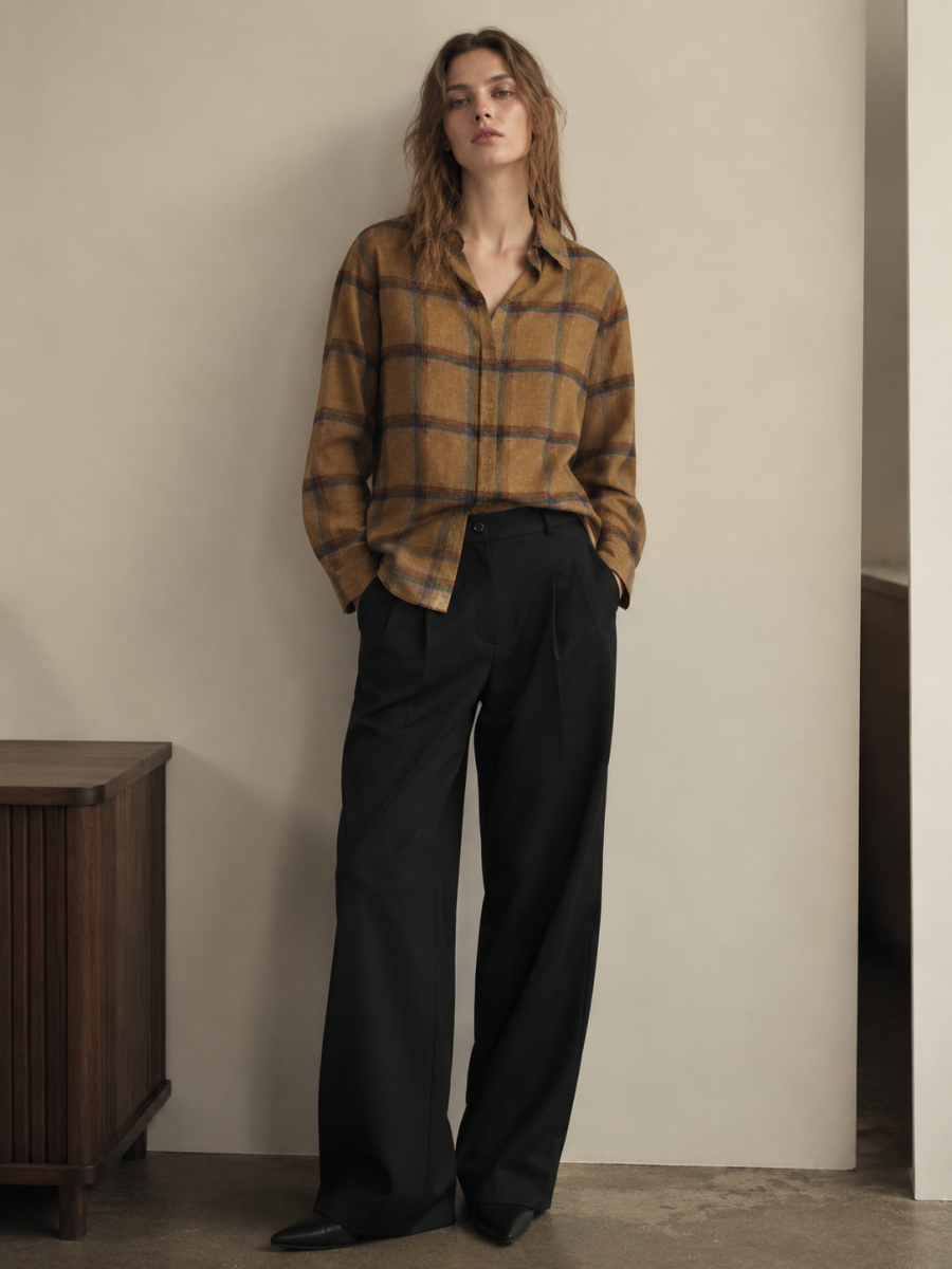 Women Retro Brown‑Tone Plaid Linen Shirt W-43490