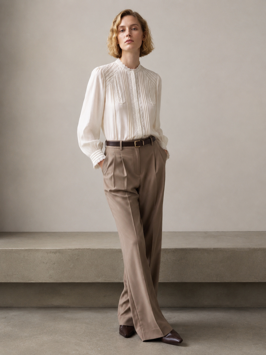 Vintage Lace‑Accent Pintuck Blouse W-43495