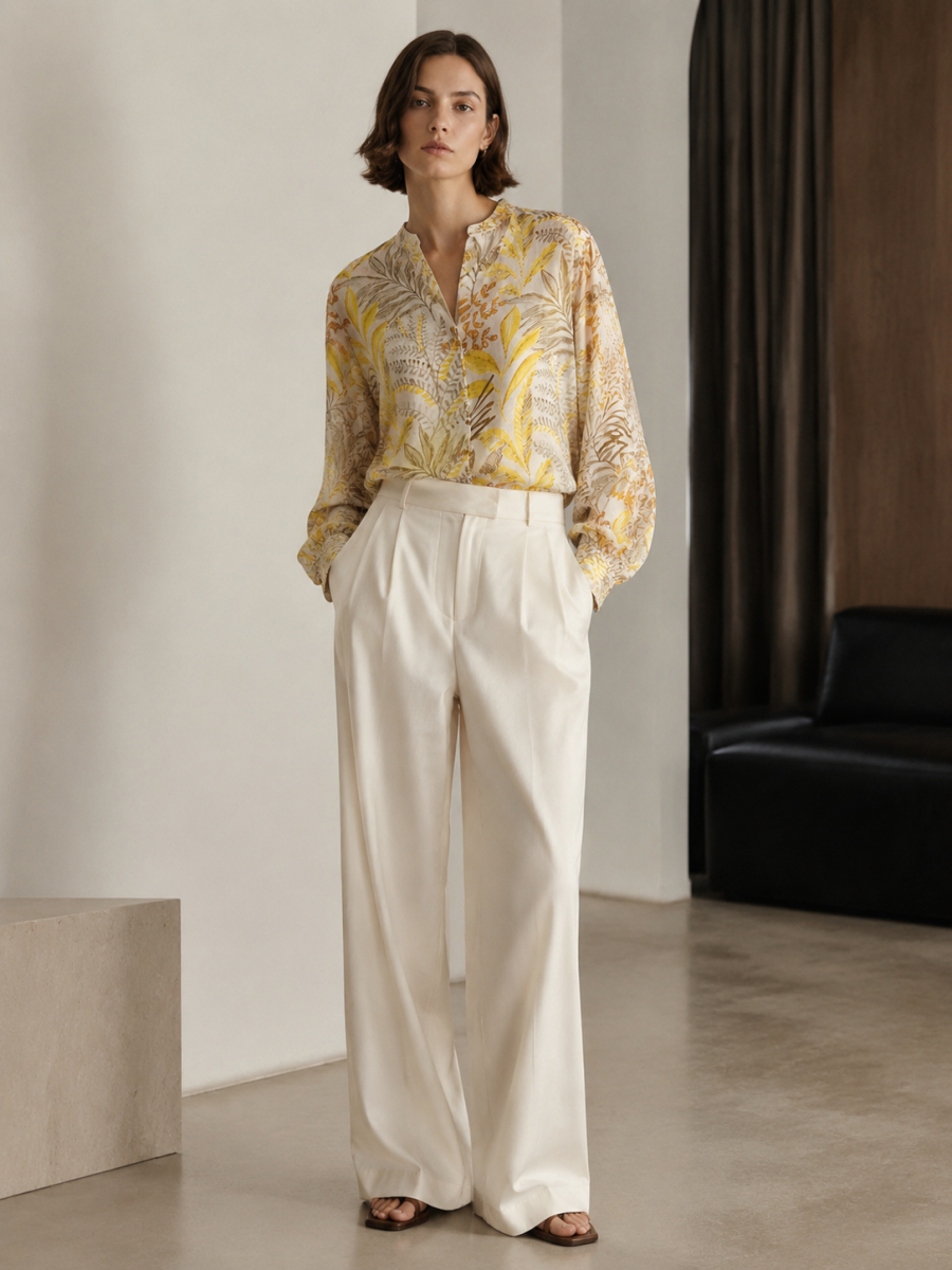 Elegant Yellow Plant‑Print Linen‑Look Blouse W-43515