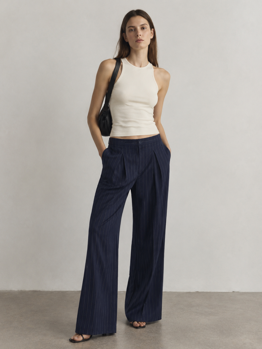 Women Navy Pinstripe Wide Leg Pants C-43629
