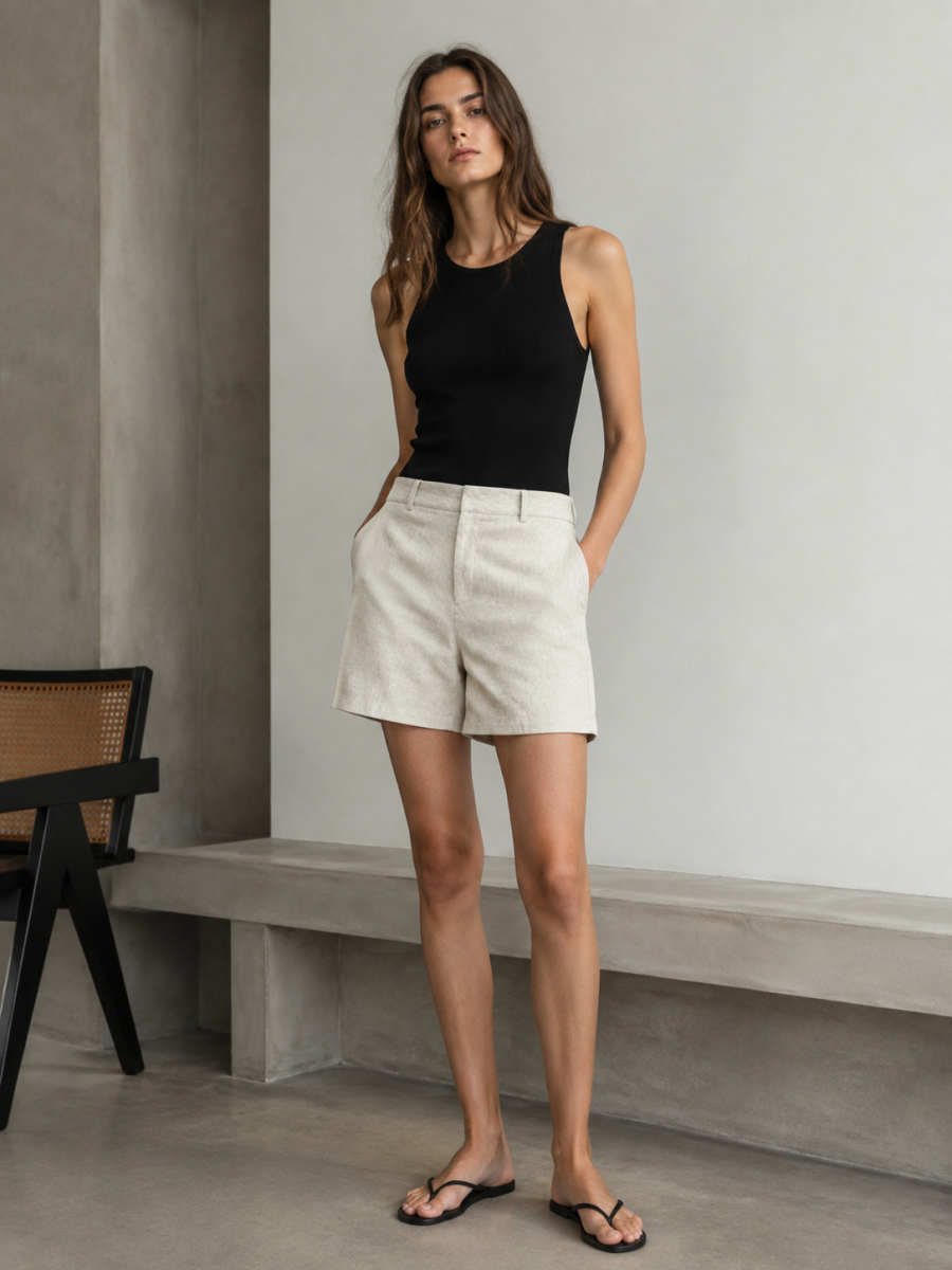 Women Natural Linen Textured Mid‑Length Shorts W-28683