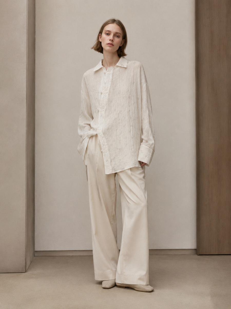 New Chinese‑Style Asymmetrical Frog Button Blouse W-38347