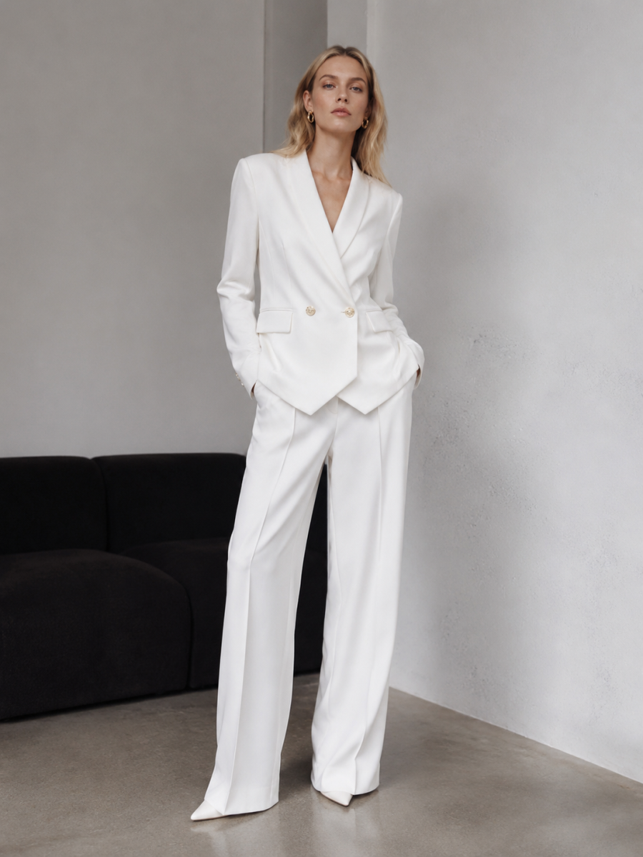 Elegant White Cropped Double‑Breasted Blazer W-40939