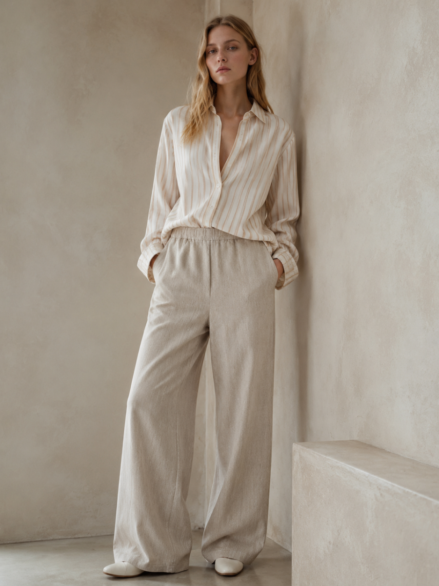 Elastic High Waist Linen Wide‑Leg Trousers W-41367