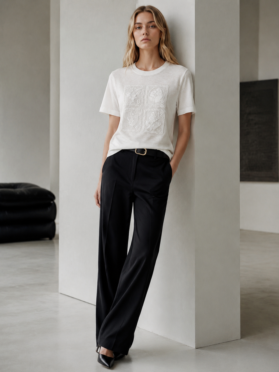 Women White Linen‑Blend Short Sleeve T‑Shirt W-42792