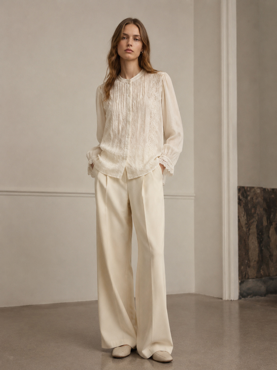 Women Cream Linen Stand‑Collar Long Sleeve Blouse W-43169