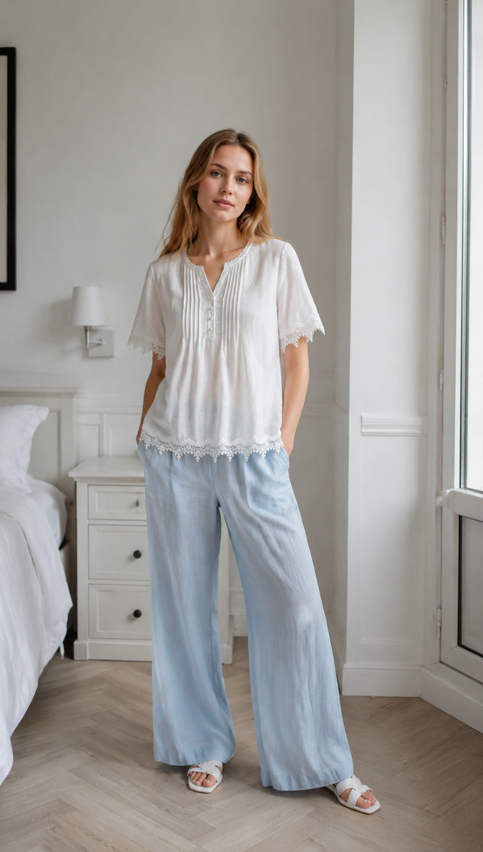 Round Neck Short-Sleeve Woven Top Simple Lace A-42411
