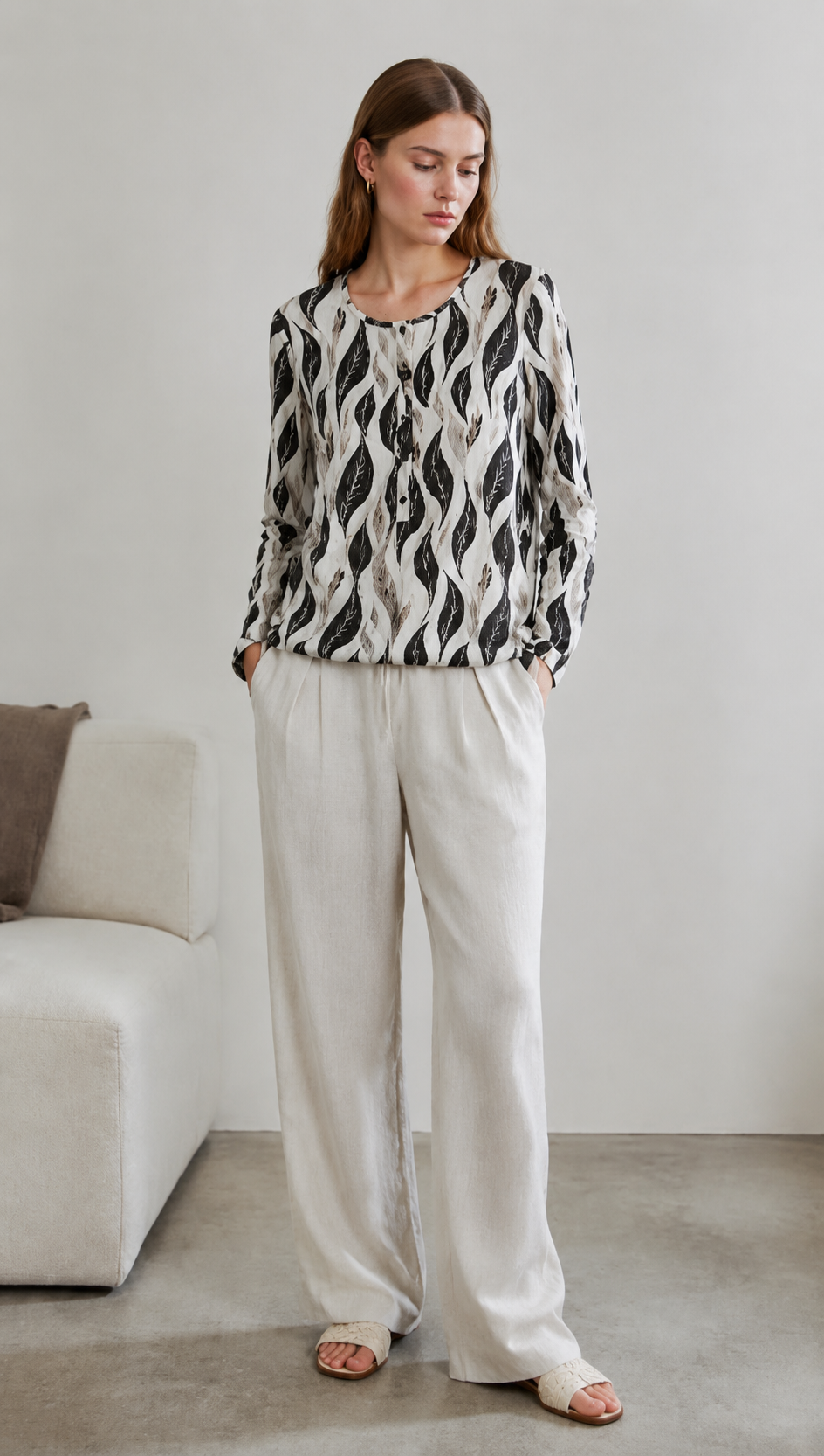 Chiffon Top with Crew Neck & Front Placket graphic blouse A-42236+A-42380