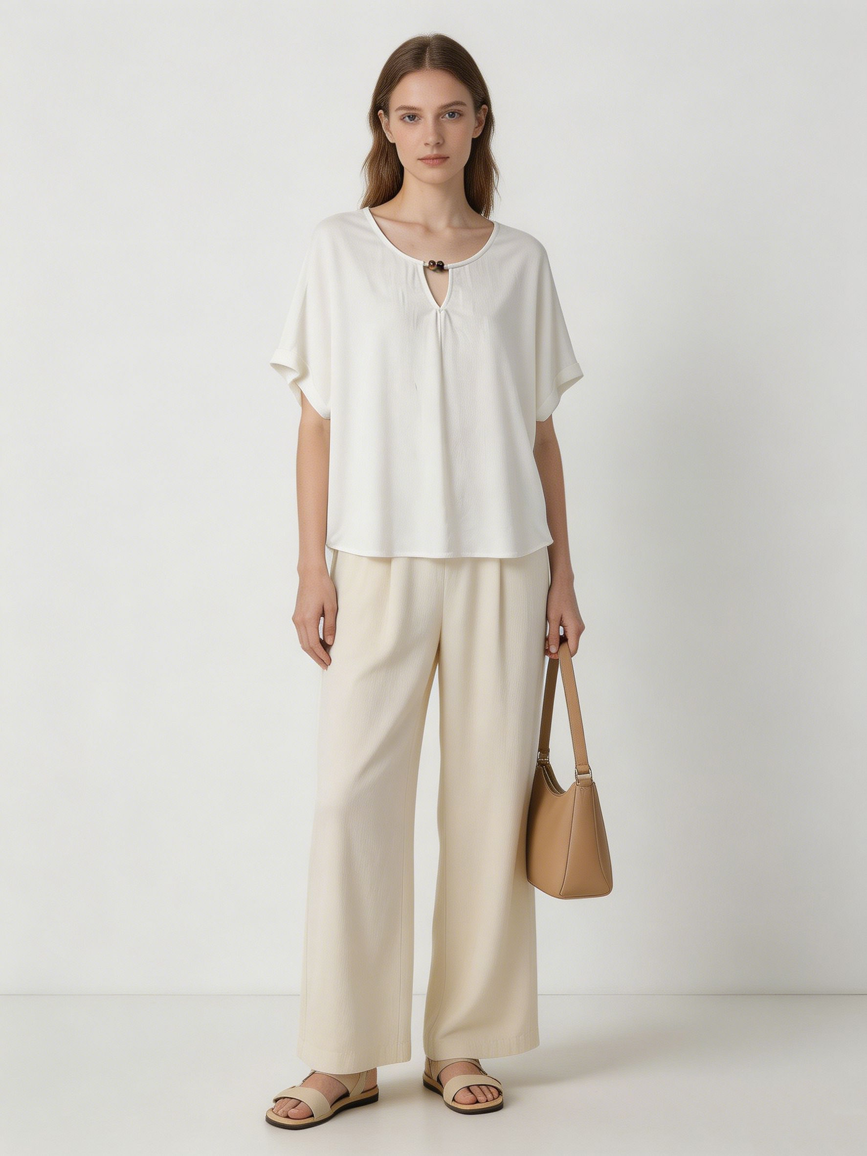 Boho Linen Texture Keyhole Neck Top Casual Short Sleeve Loose Blouse for Women A-42023