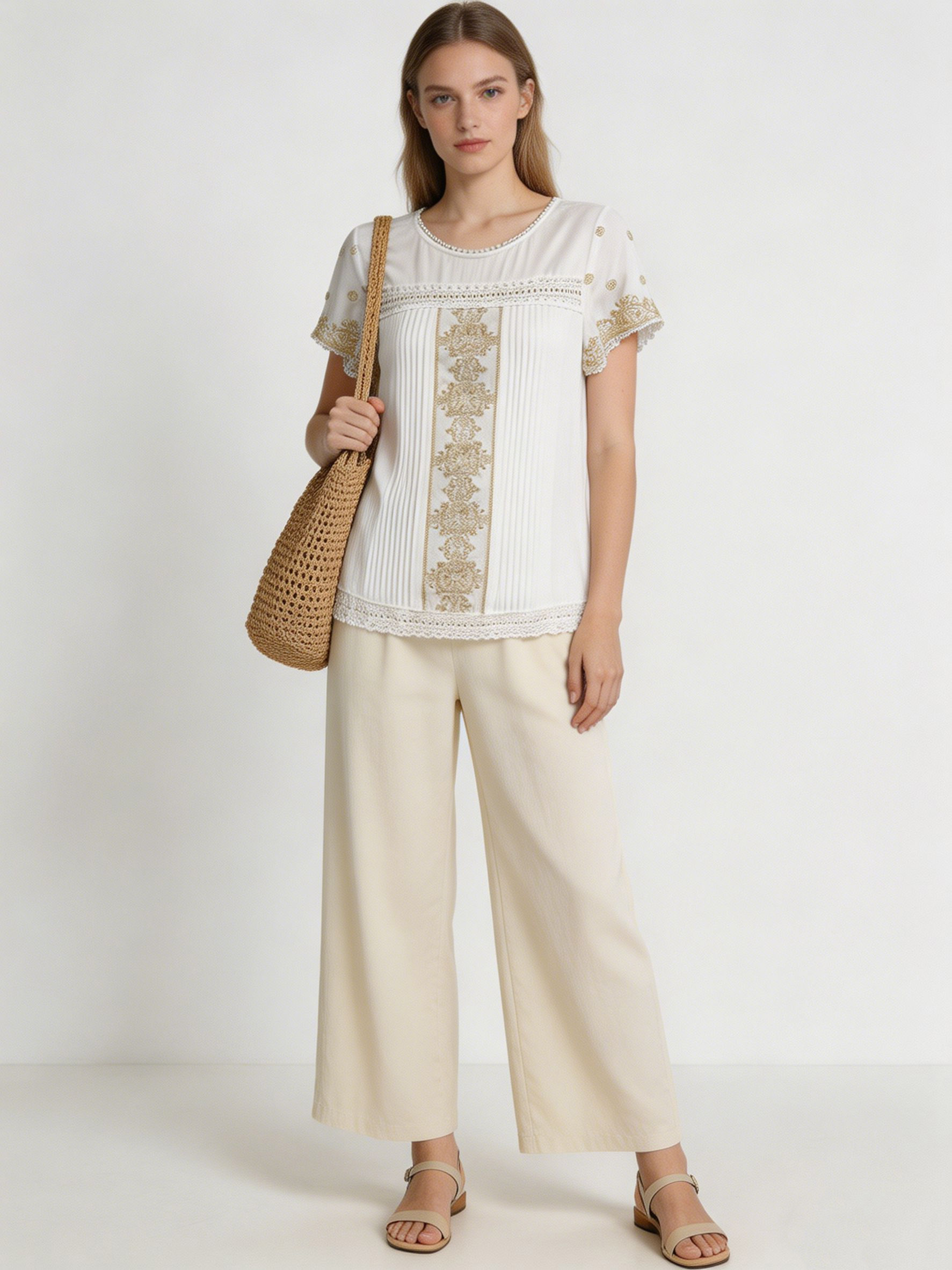 Boho Crochet Lace Insert Blouse Elegant Short Sleeve Embroidered Cotton Top AN-261051
