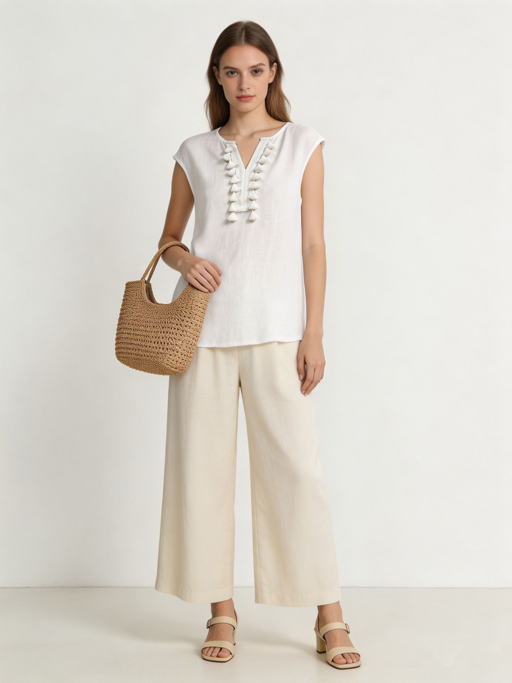 Boho Tassel Trim Sleeveless Linen Top Casual V-Neck Blouse for Women C-41968
