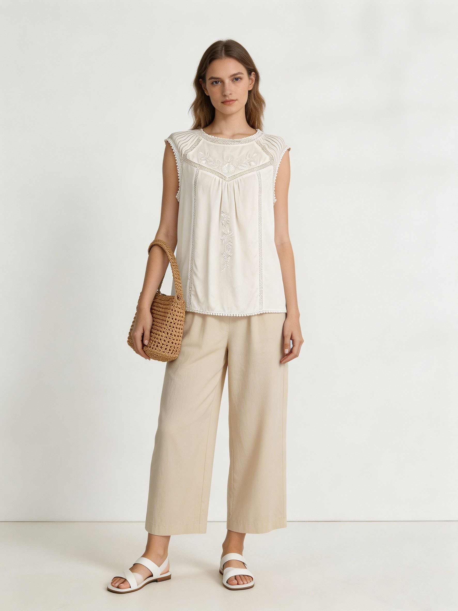 Boho White Cotton Embroidered Blouse Crochet Detail Pom-Pom Hem Summer Top 